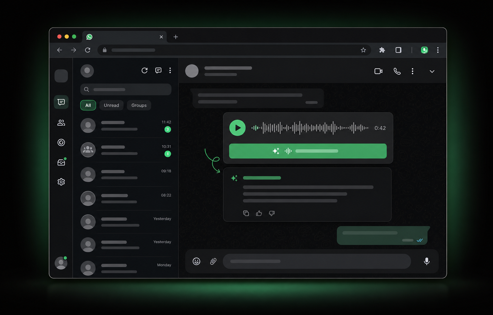 Dark WhatsApp Web transcription preview